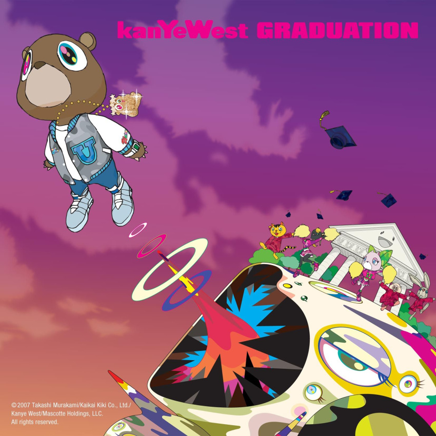 1:1 2007 album_cover anthro bear bottomwear breasts brown_body cheerleader cheerleader_outfit clothing cover domestic_pig dropout_bear english_text female graduation_(album) graduation_cap group hi_res jacket jewelry kanye_west lagomorph leporid letterman_jacket male mammal midair necklace official_art pom_poms rabbit skirt smile suid suina superflat surreal sus_(pig) takashi_murakami text topwear