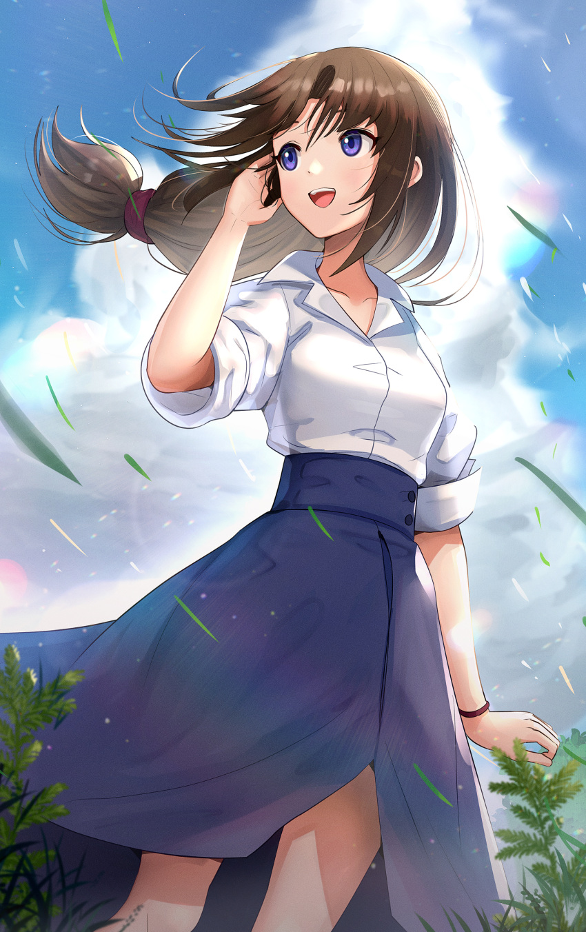 absurdres blue_eyes blue_skirt blue_sky bracelet brown_hair cloud cloudy_sky day famicom_tantei_club female gonzarez highres jewelry long_hair open_mouth outdoors plant ponytail shirt skirt sky smile solo tachibana_ayumi white_shirt