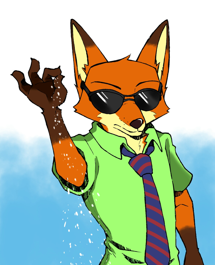 2017 anthro canid canine clothed clothing dipstick_ears disney ear_markings eyewear fox gloves_(marking) hi_res kanata male mammal markings meme multicolored_ears necktie nick_wilde red_fox salt_bae shirt simple_background solo sunglasses topwear true_fox zootopia