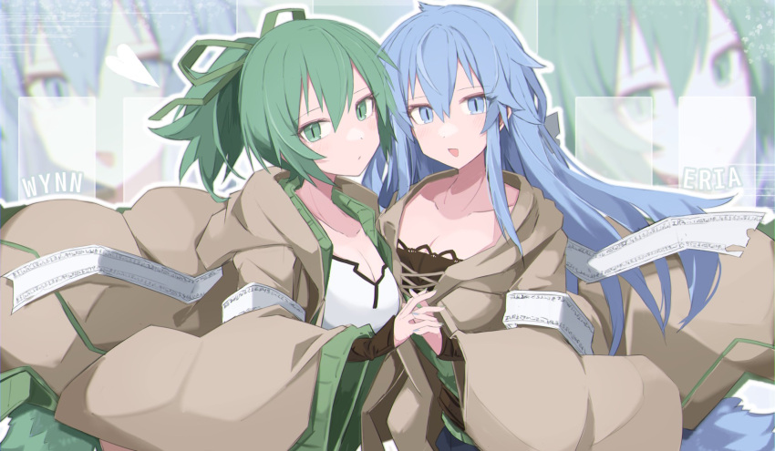 2girls blue_eyes blue_hair breasts brown_robe character_name cleavage duel_monster eria_(yu-gi-oh!) familiar-possessed_-_eria familiar-possessed_-_wynn green_eyes green_hair highres holding_hands long_hair long_sleeves multiple_girls open_mouth robe sakuragi_raia wide_sleeves wynn_(yu-gi-oh!) yu-gi-oh!