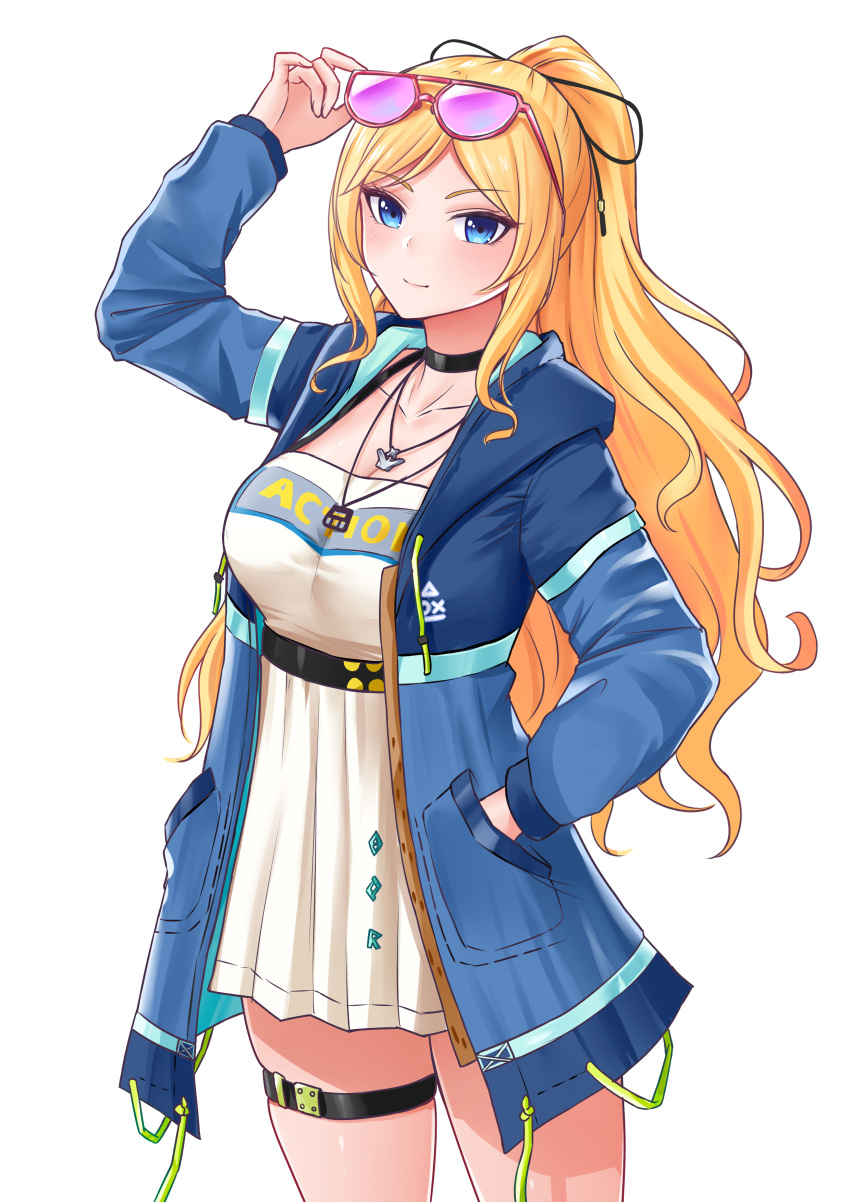 absurdres azur_lane bad_id bad_pixiv_id blonde_hair blue_eyes blue_jacket breasts chaser_(azur_lane) chaser_(gamer_style)_(azur_lane) clothes_writing dress eyewear_on_head female hand_in_pocket highres hood hood_down hooded_jacket jacket large_breasts looking_at_viewer official_alternate_costume open_clothes open_jacket pink-tinted_eyewear ponytail shiromashiro97 short_dress simple_background solo standing thigh_strap tinted_eyewear white_background white_dress