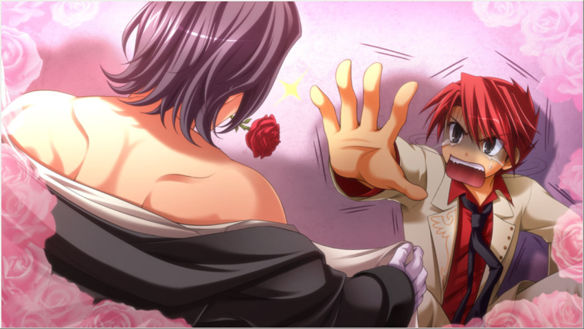 2boys black_hair butler game_cg gloves multiple_boys ougon_musou_kyoku red_hair ronove rose tears umineko_no_naku_koro_ni undressing ushiromiya_battler