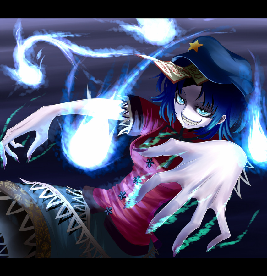 blue_eyes blue_hair breasts chinese_clothes commentary_request dress female fingernails glowing grin hat hat_ornament highres jiangshi letterboxed medium_breasts miyako_yoshika nail_polish ofuda outstretched_arms rion_(glayjirobass) short_hair smile solo spirit star_(symbol) star_hat_ornament touhou zombie_pose