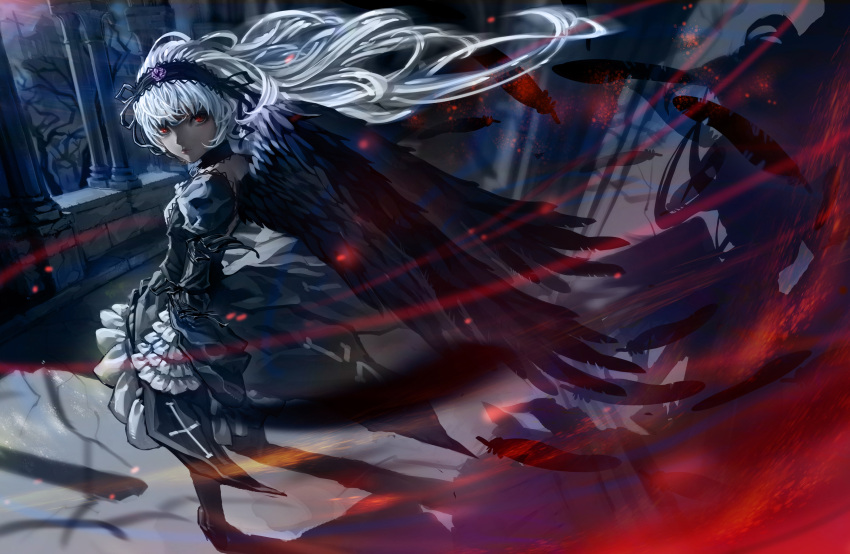 absurdres bad_id bad_pixiv_id cerberus_(artist) choker cross dress feathers female flower glowing gothic_lolita hairband highres lolita_fashion lolita_hairband long_hair looking_back photoshop_(medium) pillar purple_flower purple_rose red_eyes rose rozen_maiden shadow solo suigintou tree white_hair wings