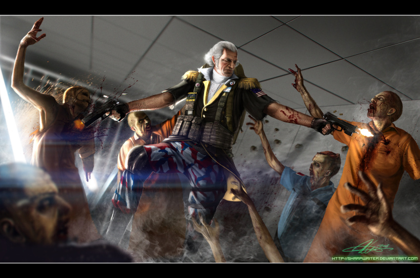 1boy american_flag battle blood commentary_request contemporary dual_wielding epaulettes fingerless_gloves george_washington gloves gun handgun highres holding knee_pads prison_clothes sharpwriter signature weapon white_hair zombie