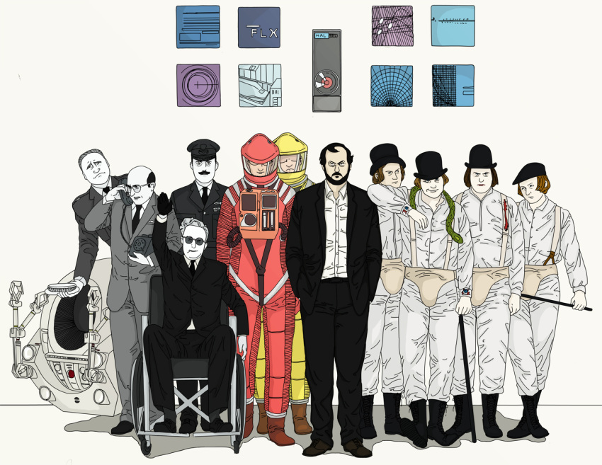 1960s_(style) 1970s_(style) 2001_a_space_odyssey 6+boys a_clockwork_orange actor_connection alex_delarge antique_phone astronaut bad_id bad_pixiv_id bags_under_eyes bald beard boots butaneko_(butaneko_hanten) cake cane character_request computer corded_phone dave_bowman dim_(droog) dr._strangelove dr._strangelove_(character) droogs facial_hair food formal frank_poole gang general_turgidson georgie_(droog) glasses gloves hal_9000 hat helmet lionel_mandrake looking_at_viewer military military_uniform monitor monochrome moustache multiple_boys necktie pete_(droog) peter_sellers phone pie president_muffley realistic retro_artstyle rotary_phone salute science_fiction serious snake space_pod spacecraft spacesuit stanley_kubrick suit uniform wheelchair