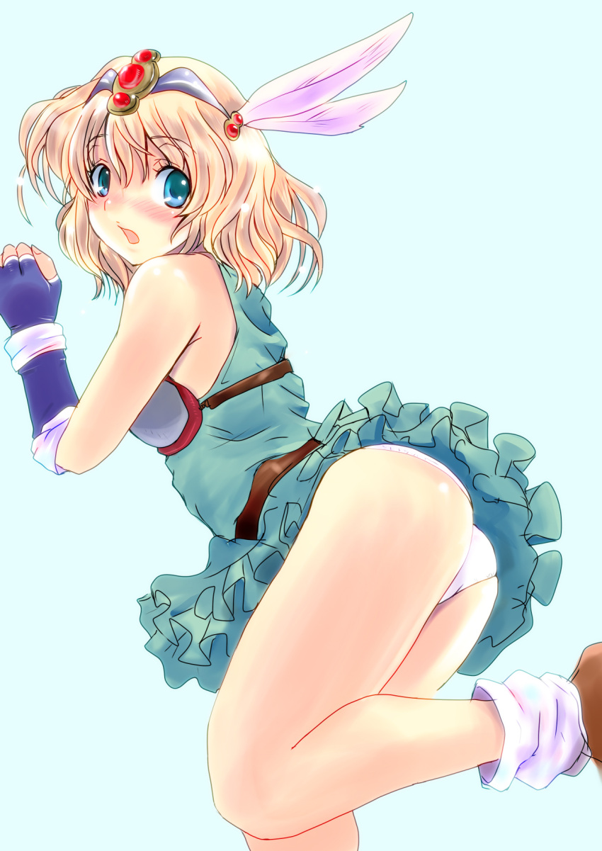 :o aqua_eyes ass bare_legs belt blonde_hair blush commentary_request fanna_(villgust) feathers female fingerless_gloves gloves hairband highres kakihara_inuhiko kouryuu_densetsu_villgust open_mouth panties pantyshot photoshop_(medium) short_hair skirt solo underwear white_panties