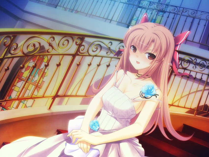 bow brown_eyes dress game_cg long_hair pink_hair tenshi_no_hane_wo_fumanaide