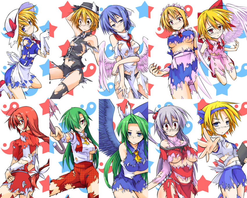 6+girls alice_margatroid alice_margatroid_(pc-98) ascot bare_shoulders black_legwear blonde_hair blue_hair blush book bow breasts breasts_apart capelet commentary_request elbow_gloves embarrassed gengetsu_(touhou) gloves green_hair hair_bobbles hair_ornament hairbow hat hemogurobin_a1c kana_anaberal kazami_yuuka kazami_yuuka_(pc-98) large_breasts light_purple_hair long_hair mai_(touhou) maid_headdress mima_(touhou) mugetsu_(touhou) multiple_girls oerba_yun_fang okazaki_yumemi pantyhose pointy_ears red_bow red_hair shinki_(touhou) short_hair thighhighs torn_clothes touhou touhou_(pc-98) umbrella underboob white_legwear wings wizard_hat yuki_(touhou)