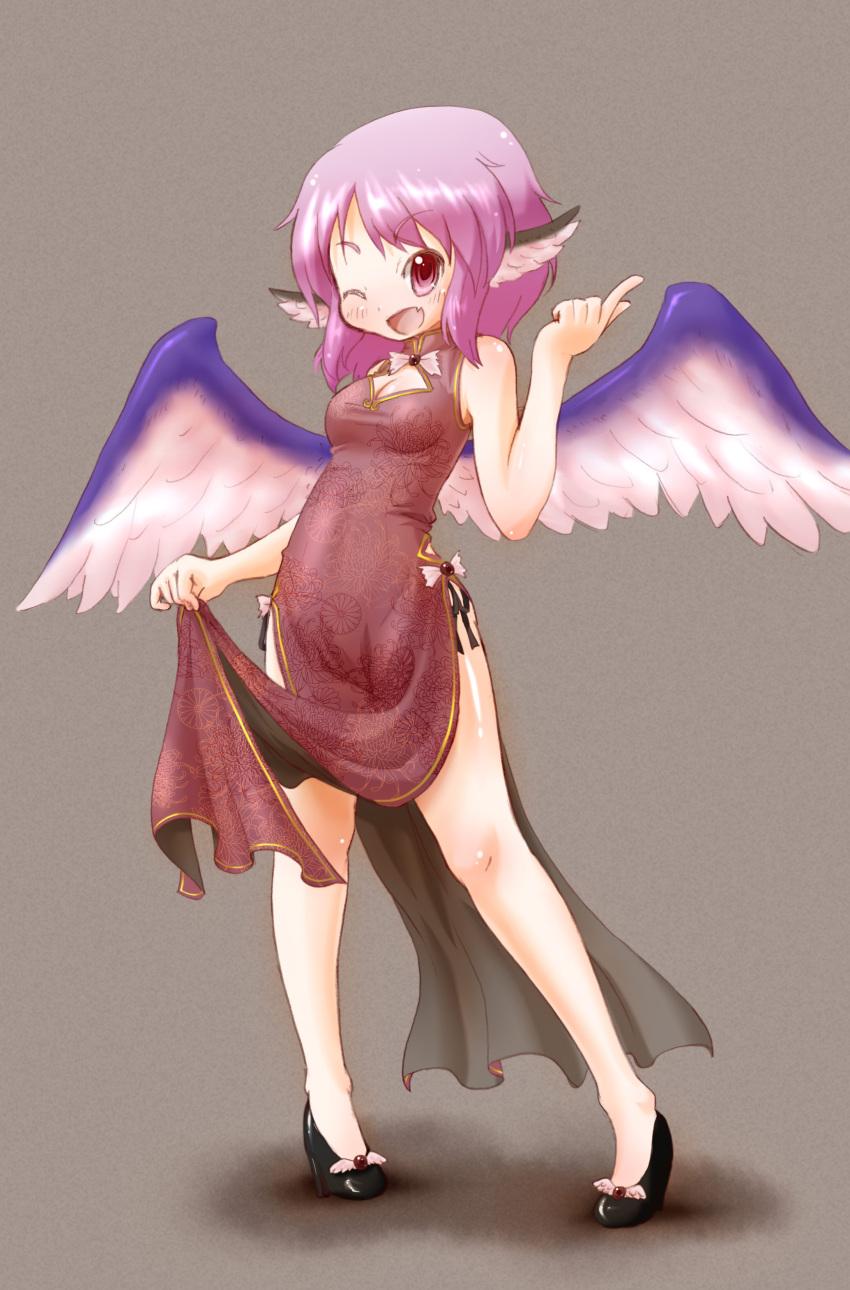 absurdres animal_ears arinu bare_legs bare_shoulders china_dress chinese_clothes commentary_request dress female highres mystia_lorelei no_headwear one_eye_closed pink_hair short_hair side_slit simple_background solo touhou wings