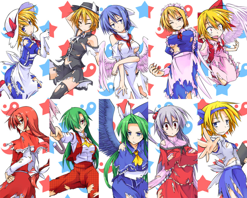 6+girls alice_margatroid alice_margatroid_(pc-98) ascot bare_shoulders black_legwear blonde_hair blue_hair blush book bow breasts capelet commentary_request elbow_gloves gengetsu_(touhou) gloves green_hair hair_bobbles hair_ornament hairbow hat hemogurobin_a1c kana_anaberal kazami_yuuka kazami_yuuka_(pc-98) large_breasts light_purple_hair long_hair mai_(touhou) maid_headdress mima_(touhou) mugetsu_(touhou) multiple_girls oerba_yun_fang okazaki_yumemi pantyhose pointy_ears red_bow red_hair shinki_(touhou) short_hair thighhighs torn_clothes touhou touhou_(pc-98) umbrella white_legwear wings wizard_hat yuki_(touhou)