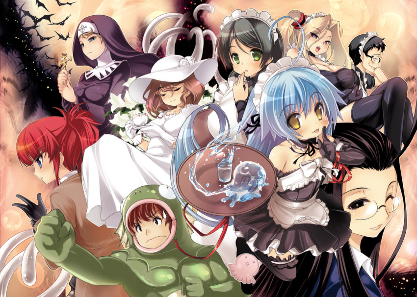 2boys 6+girls :p animal_costume bat_(animal) black_hair blonde_hair blue_eyes blue_hair breasts cleavage closed_eyes cross cup dress elbow_gloves glass gloves green_eyes hat maid maid_headdress makai_shoujo_ruruie_ruru medium_breasts multiple_boys multiple_girls nun open_mouth photoshop_(medium) pierre_yoshio ponytail purple_eyes red_hair saucer smile sun_hat sundress teacup tongue tongue_out tray two_side_up white_dress yellow_eyes