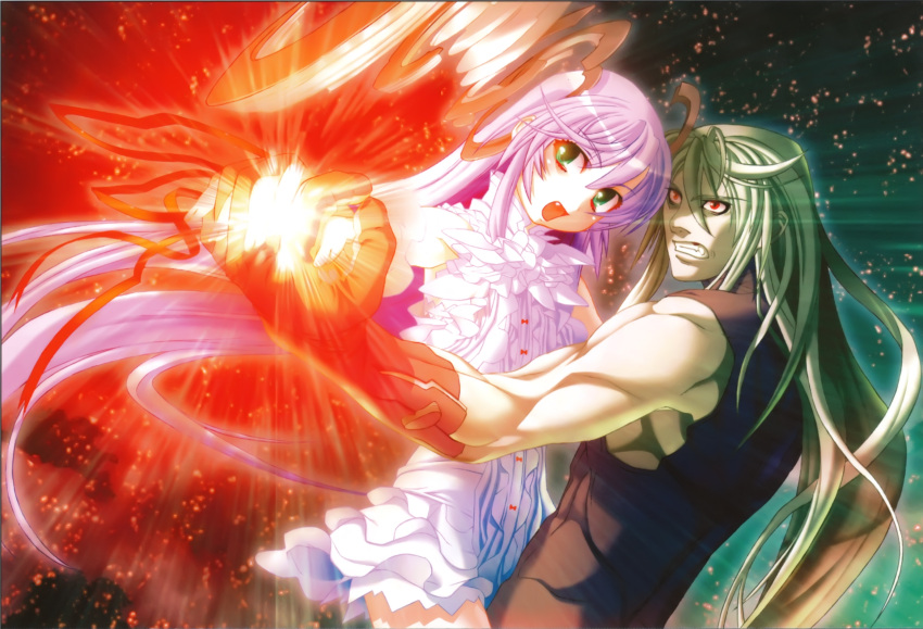 1boy :d al_azif black_shirt clenched_teeth daijuuji_kurou demonbane dress female floating_hair gloves green_eyes hair_between_eyes highres holding_hands interlocked_fingers long_hair muscular nishii_(damnedrive) oerba_yun_fang open_mouth photoshop_(medium) pink_hair red_eyes red_gloves red_ribbon ribbon shirt short_dress silver_hair sleeveless sleeveless_dress sleeveless_shirt smile teeth very_long_hair white_dress