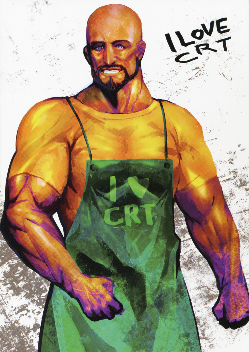 1boy absurdres apron artbook bald beard clenched_hand crt dark-skinned_male dark_skin english_text facial_hair green_apron highres huke i_heart... male_focus manly muscular muscular_male official_art old old_man open_mouth purple_eyes realistic scan shirt smile steins;gate tennouji_yuugo white_background yellow_shirt