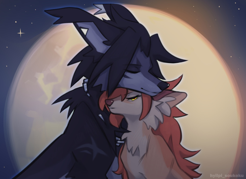 2022 black_hair canid canine detailed_background digital_media_(artwork) duo fox fur hair hi_res hyilpi le mammal moon night orange_body orange_fur outside red_hair sky smile star starry_sky