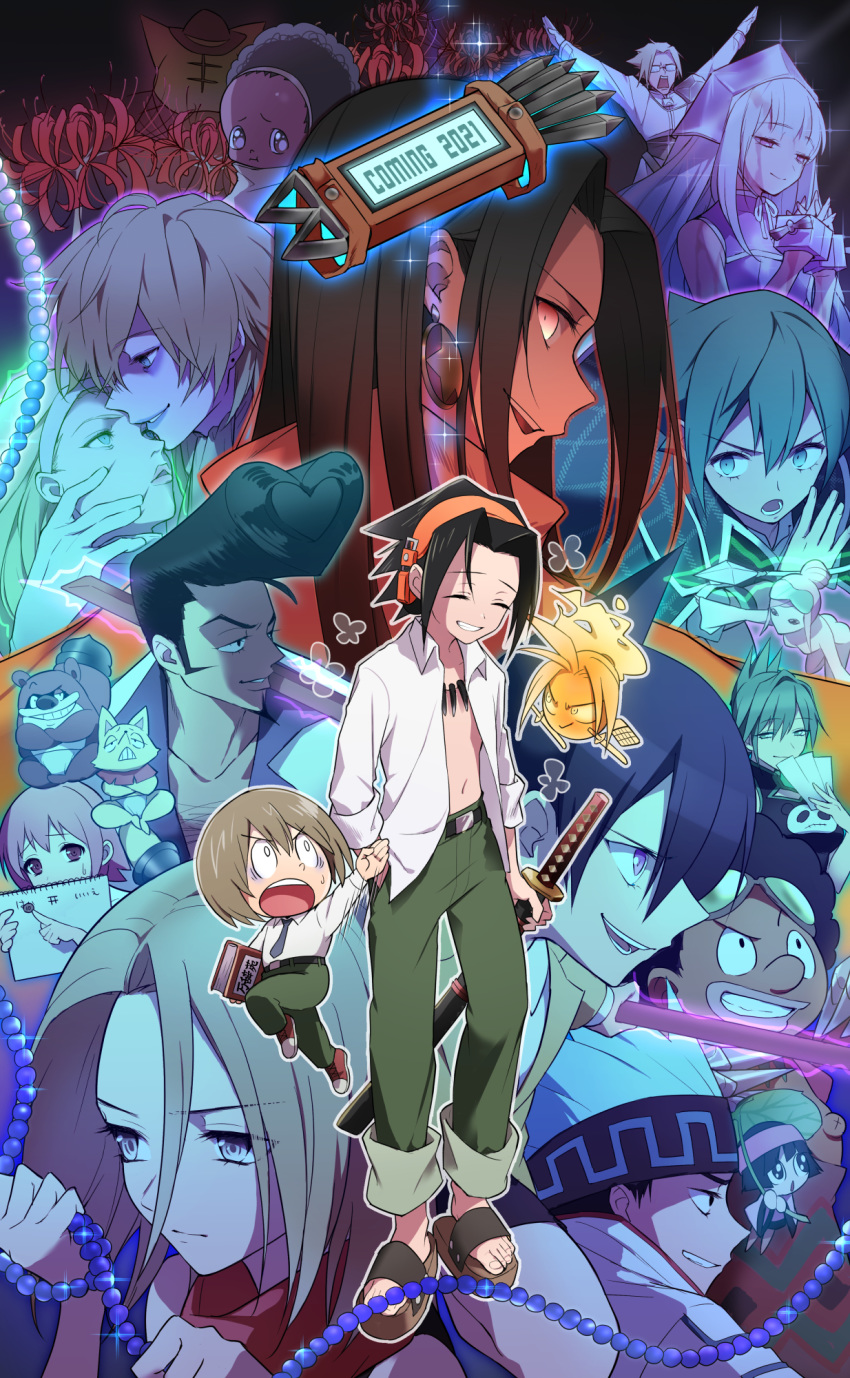 6+boys 6+girls afro ainu_clothes amidamaru asakura_hao asakura_yoh beads black_dress black_hair blonde_hair blue_hair brown_hair cape chocolove commentary conchi_(shaman_king) dress eliza_(shaman_king) everyone eyewear_on_head fairy green_eyes green_hair headband headphones highres iron_maiden_jeanne jewelry johann_faust_viii katana kate_iwana koropokkuru kororo kyouyama_anna leaf_umbrella long_hair lyserg_diethel marco_lasso matamune morphine multiple_boys multiple_girls necklace ofuda opacho oyamada_manta pink_eyes pink_hair ponchi_(shaman_king) prayer_beads purple_eyes red_eyes scarf school_uniform shaman_king short_hair sleeveless smile sunglasses sword tamamura_tamao tao_jun tao_ren umemiya_ryuunosuke usui_horokeu weapon white_hair