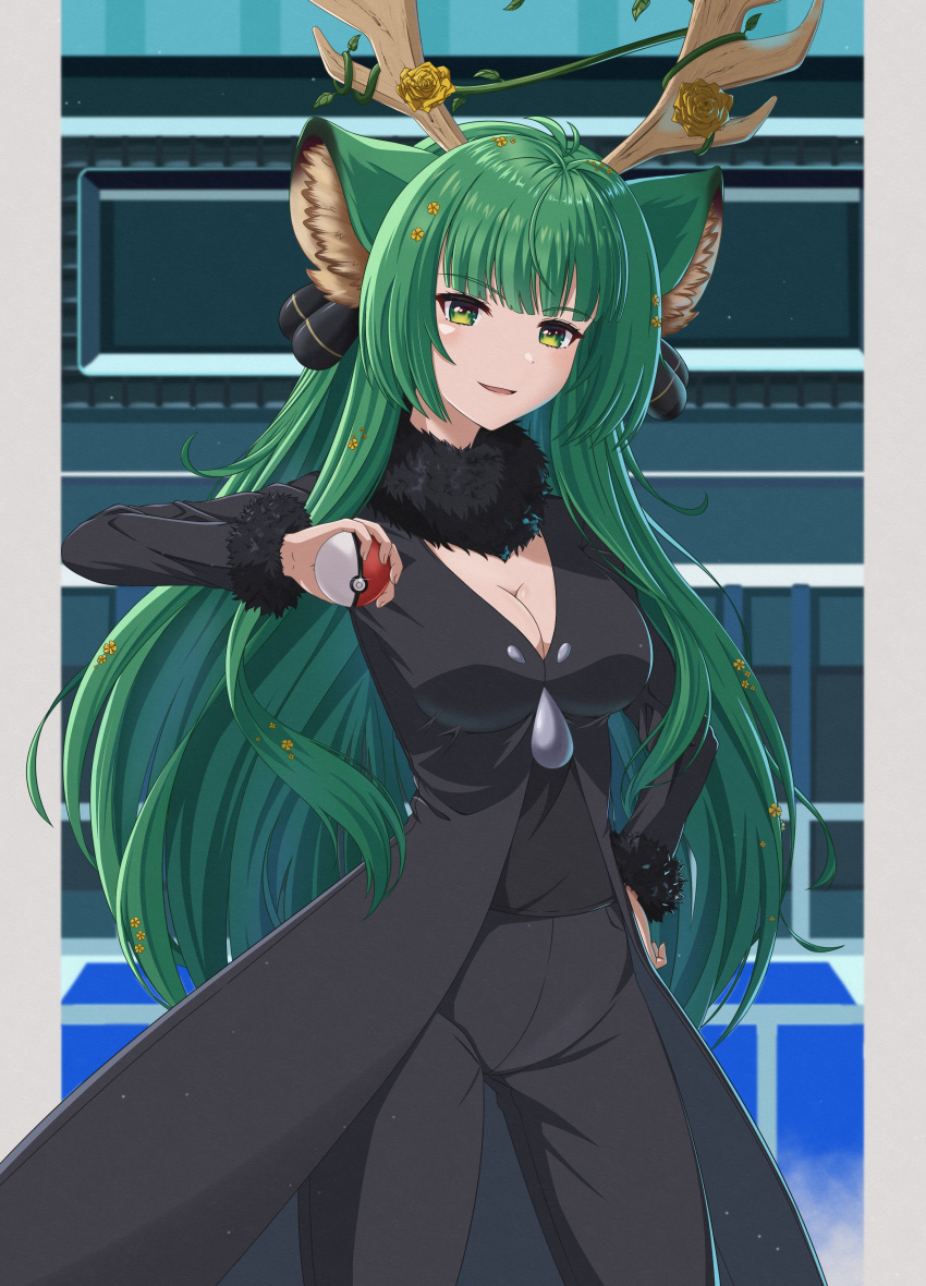 absurdres animal_ear_fluff animal_ears antlers black_bow black_dress black_pants bow breasts cleavage commission cosplay cynthia_(pokemon) cynthia_(pokemon)_(cosplay) dress english_commentary female gardavwar green_eyes green_hair hairbow hand_on_own_hip haruka_karibu high-waist_pants highres horns indie_virtual_youtuber large_breasts long_hair looking_at_viewer moose_antlers moose_ears moose_girl open_mouth pants pokemon pokemon_dppt smile solo very_long_hair virtual_youtuber