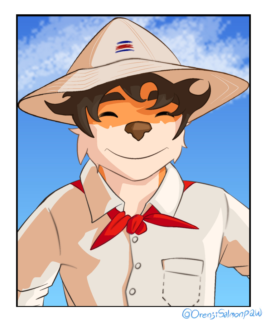 anthro brown_nose canid canine closed_eyes clothing cloud conditional_dnp costa_rica costa_rican_flag eyebrows flag flag_(shape) flag_clothing flag_design flag_hat flag_headwear flag_print fox fur hat headgear headwear hi_res kerchief male mammal neckerchief orenji_salmonpaw orenjisalmonpaw print_clothing print_hat print_headgear print_headwear red_fox red_kerchief red_neckerchief shirt sky smile solo topwear true_fox