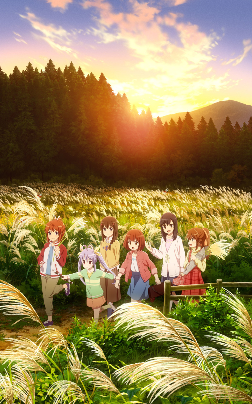 6+girls :d :o absurdres ahoge black_skirt blue_eyes blue_shirt blue_skirt braid brown_eyes brown_hair brown_pants brown_skirt bush closed_mouth cloud collared_shirt dirt_road evening fence field flute forest fujimiya_konomi grass green_jacket hair_ornament hair_ribbon highres holding ichijou_hotaru instrument jacket key_visual koshigaya_komari koshigaya_natsumi landscape leaf long_skirt miyauchi_renge mountain multiple_girls nature non_non_biyori official_art open_mouth orange_hair orange_skirt outdoors overall_skirt pants pine_tree plaid plaid_skirt ponytail promotional_art pulling purple_footwear purple_hair recorder red_jacket red_skirt ribbon road rural scenery shinoda_akane shirt sidelocks skirt sky smile sun sunset susuki_grass sweater tree turtleneck turtleneck_sweater walking white_shirt yellow_shirt yellow_sweater