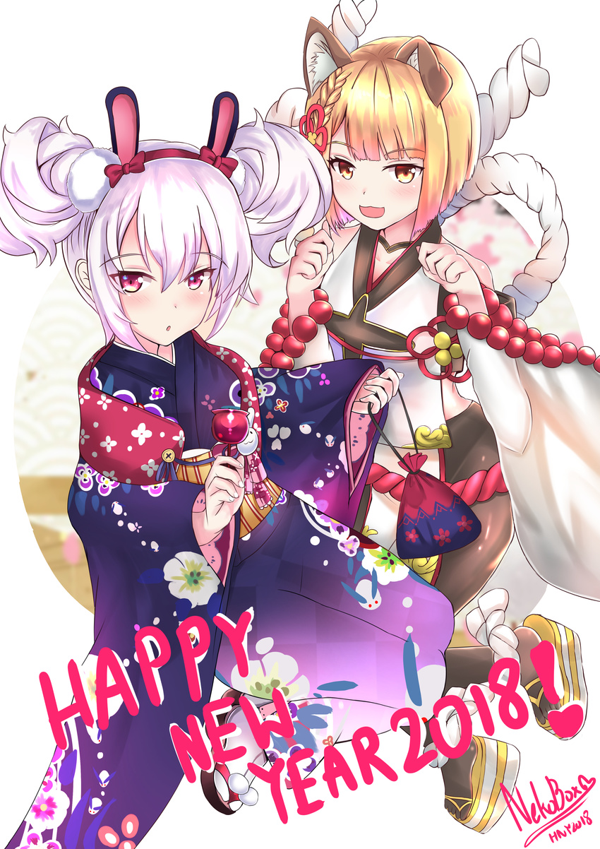 2018 2girls :3 :d :o absurdres animal_ears azur_lane bare_shoulders blonde_hair blue_kimono blush bow braid brown_eyes brown_footwear brown_pantyhose candy_apple collarbone commentary_request crossover detached_sleeves dog_ears erune fingernails floral_print food granblue_fantasy hair_between_eyes hair_up hairband happy_new_year highres holding holding_food japanese_clothes kimono kinchaku laffey_(azur_lane) laffey_(snow_rabbit_and_candy_apple)_(azur_lane) long_sleeves multiple_girls nail_polish nekobox new_year obi official_alternate_costume open_mouth pantyhose parted_lips pouch print_kimono purple_eyes rabbit_ears red_bow red_hairband sandals sash sleeveless smile socks tabi vajra_(granblue_fantasy) white_background white_hair white_nails white_socks wide_sleeves zouri