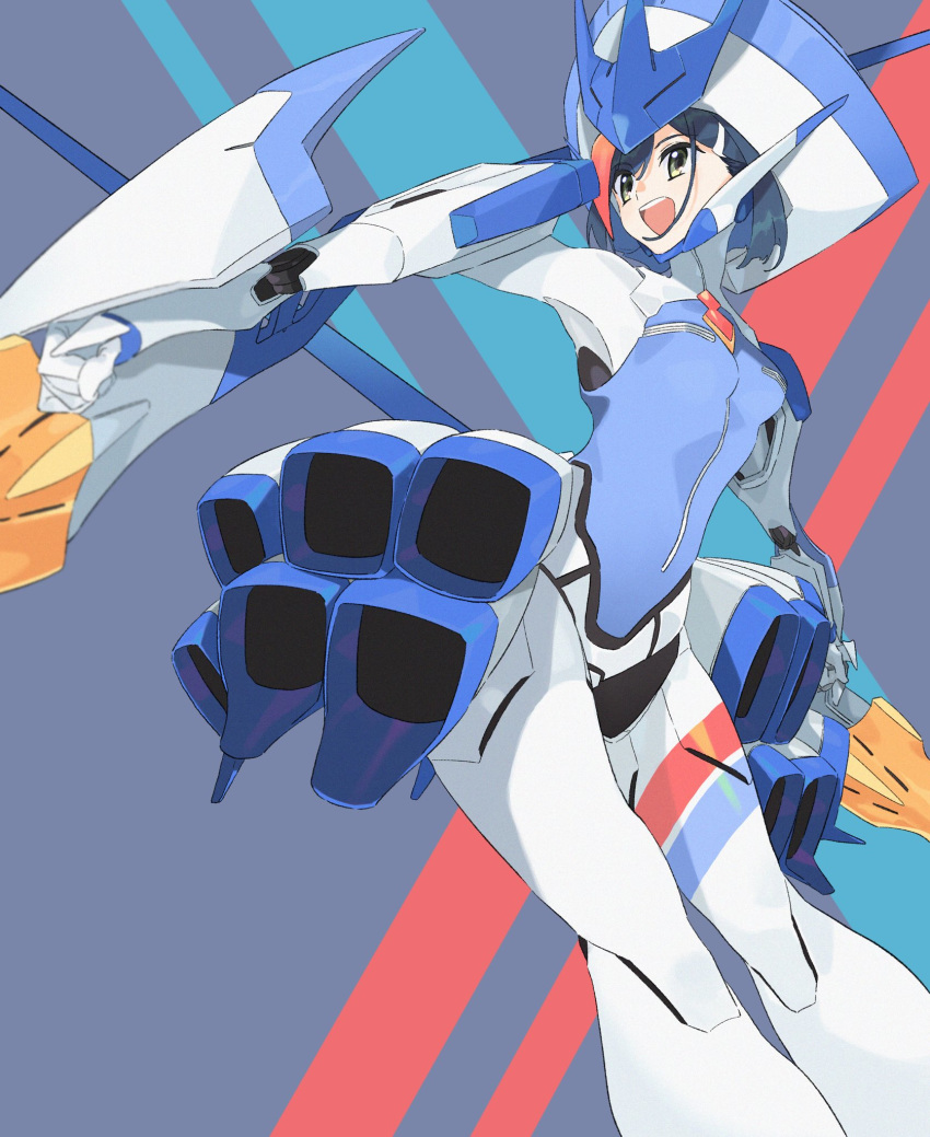 :d blue_hair bodysuit commentary_request cosplay darling_in_the_franxx delphinium_(darling_in_the_franxx) delphinium_(darling_in_the_franxx)_(cosplay) female hair_ornament hairclip headgear highres ichigo_(darling_in_the_franxx) joints machi_(wm) mecha_musume open_mouth robot_joints short_hair smile solo upper_body yellow_eyes