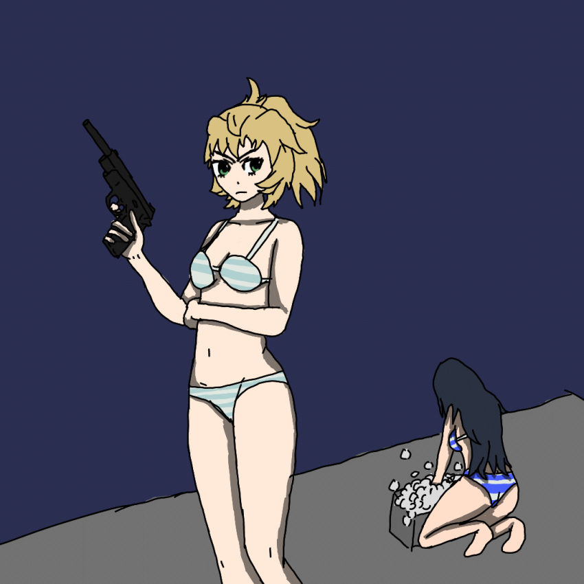 2girls blonde_hair breasts closed_mouth green_eyes gun handgun holding holding_gun holding_weapon honjo_yuri kneeling long_hair medium_breasts medium_hair multiple_girls navel nise_mayuko non-web_source package panties ponytail standing striped_clothes striped_panties tenkuu_shinpan underwear underwear_only weapon