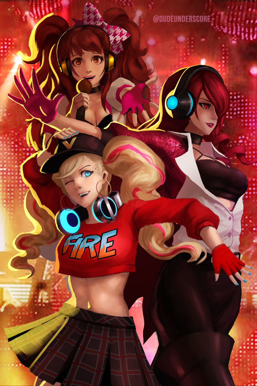 3girls absurdres blonde_hair blue_eyes bow breasts brown_hair cleavage commentary_request dudeunderscore earrings fingerless_gloves gloves hair_ornament hairclip hat headphones highres jewelry kirijou_mitsuru kujikawa_rise long_hair looking_at_viewer medium_breasts midriff multiple_girls persona persona_3 persona_3:_dancing_moon_night persona_4 persona_4:_dancing_all_night persona_5 persona_5:_dancing_star_night persona_dancing takamaki_anne twintails