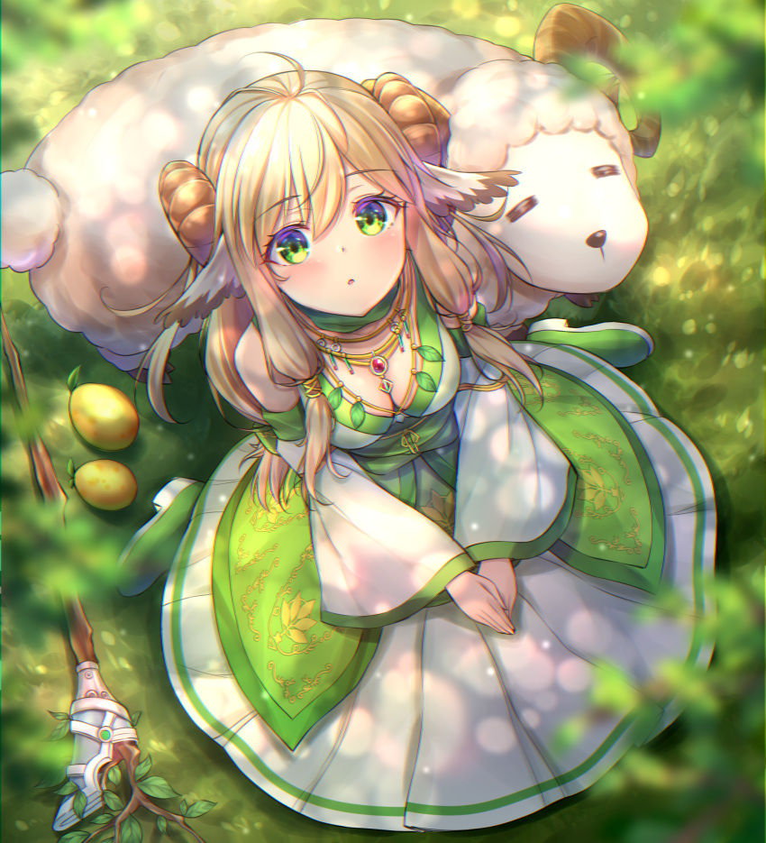 :o ahoge animal bare_shoulders blonde_hair blush breasts cleavage commentary_request detached_sleeves dress female food fruit full_body grass green_dress green_eyes green_footwear hair_between_eyes highres horns jewelry long_hair looking_at_viewer medium_breasts nagi_(tartaros_online) necklace sheep sheep_horns shoes sidelocks sitting solo staff tartaros_online tenton_(henatyo) wide_sleeves