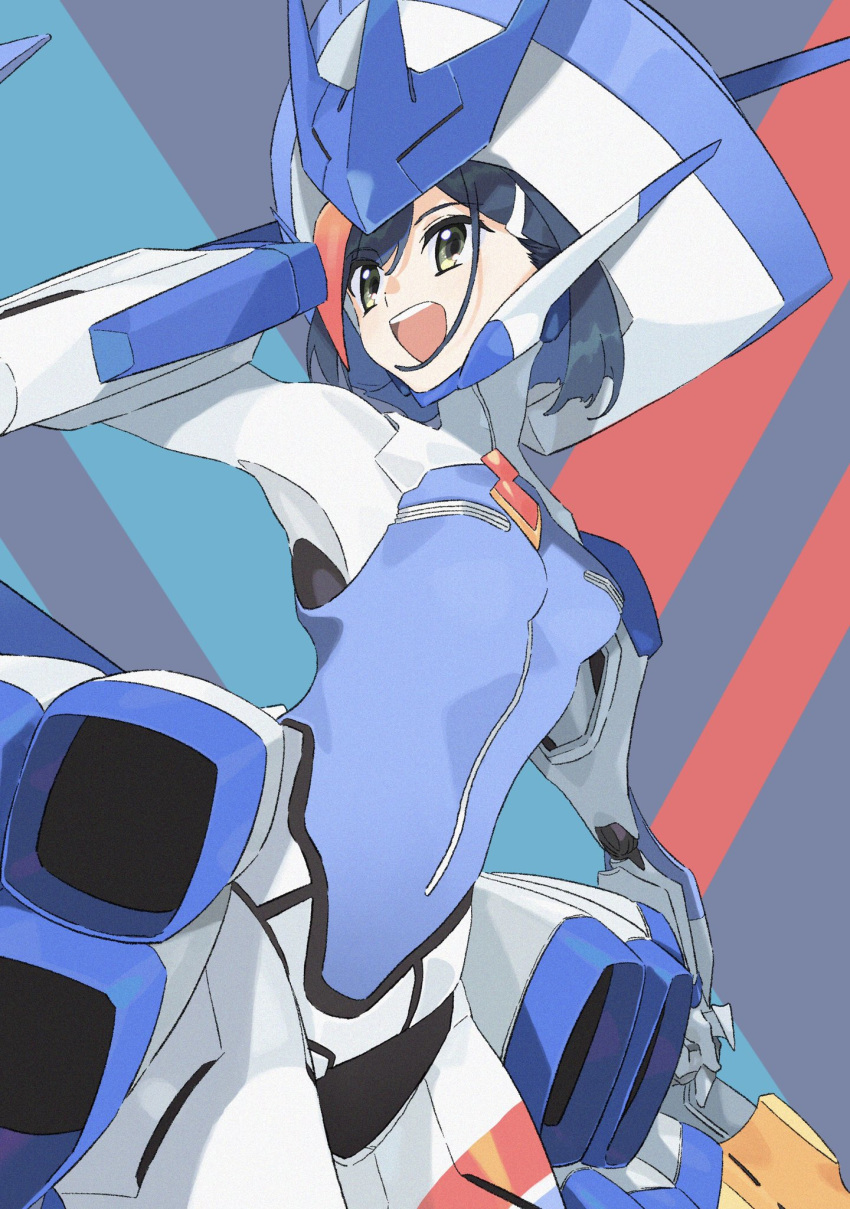 :d blue_hair bodysuit commentary_request cosplay darling_in_the_franxx delphinium_(darling_in_the_franxx) delphinium_(darling_in_the_franxx)_(cosplay) female hair_ornament hairclip headgear highres ichigo_(darling_in_the_franxx) joints machi_(wm) mecha_musume open_mouth robot_joints short_hair smile solo upper_body yellow_eyes