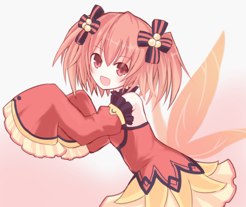 :d alyn_(fairy_fencer_f) bare_shoulders detached_sleeves dress fairy_fencer_f fairy_wings female from_side gradient_background hair_ornament juliet_sleeves long_sleeves looking_at_viewer low_wings medium_hair official_style open_mouth orange_hair orange_wings pink_eyes puffy_sleeves sleeves_past_fingers sleeves_past_wrists smile solo suta_(clusta) twintails wings