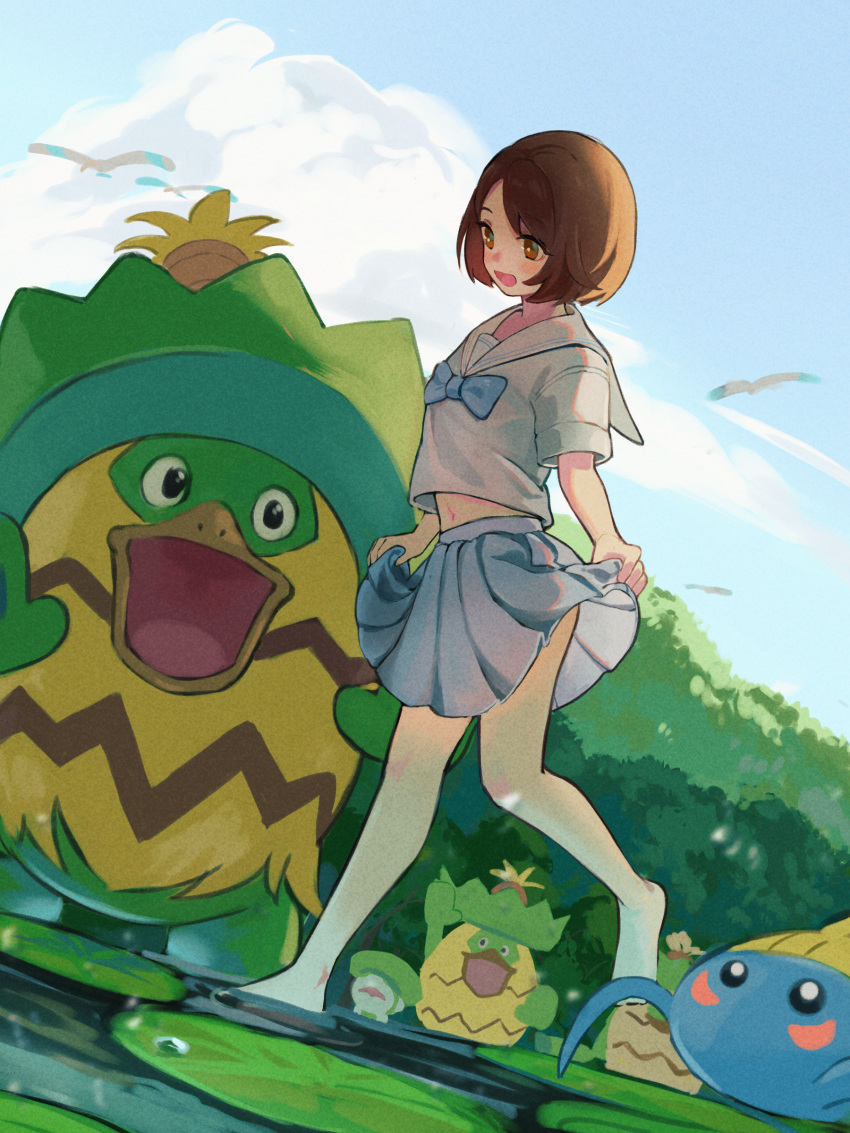 absurdres alternate_costume barefoot bird blue_bow blush bob_cut bow brown_eyes brown_hair cloud commentary day female gloria_(pokemon) highres hoshizora lombre looking_down ludicolo navel open_mouth outdoors pleated_skirt pokemon pokemon_(creature) pokemon_swsh sailor_collar short_hair short_sleeves skirt sky standing standing_on_one_leg surskit swept_bangs tongue