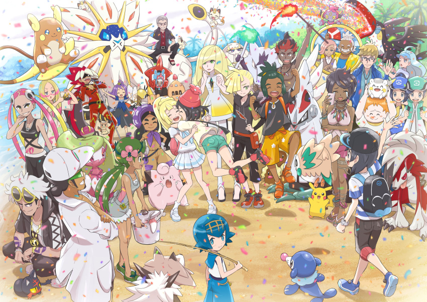 6+boys 6+girls :d absurdres acerola_(pokemon) ahoge alolan_dugtrio alolan_marowak alolan_raichu arm_up backpack bag bare_arms baseball_cap beanie belt bettie_(pokemon) black_bag black_hair black_pants blonde_hair blue_hair blue_pants bonnet capri_pants cellphone clefairy closed_mouth commentary_request confetti crying dark-skinned_female dark-skinned_male dark_skin day dress elio_(pokemon) facepaint facial_hair fire fishing_rod gladion_(pokemon) gloves green-framed_eyewear green_shorts grey_hair guzma_(pokemon) hair_bun hairband hala_(pokemon) hands_on_own_hips hands_up hapu_(pokemon) hat hau_(pokemon) highres holding holding_fishing_rod holding_phone hood hooded_jacket hoodie hoopa hoopa_(confined) hug ilima_(pokemon) jacket jewelry jumpsuit kahili_(pokemon) kiawe_(pokemon) knees kukui_(pokemon) lab_coat lana_(pokemon) lillie_(pokemon) litten long_hair looking_back lusamine_(pokemon) lycanroc lycanroc_(midday) lycanroc_(midnight) mallow_(pokemon) meowth microphone_stand mimikyu mina_(pokemon) molayne_(pokemon) moustache multicolored_hair multiple_boys multiple_girls nail_polish nanu_(pokemon) necklace olivia_(pokemon) on_head open_mouth orange_hair outdoors palossand pants pheromosa phone pikachu pink_hair pleated_skirt plumeria_(pokemon) pokemoa pokemon pokemon_(creature) pokemon_masters_ex pokemon_on_head pokemon_sm ponytail pot purple_hair quad_tails red_headwear red_pants red_shirt ribombee riding riding_pokemon rotom rotom_dex rowlet ryuki_(pokemon) sand sandals scottie_(pokemon) selene_(pokemon) shirt shoes short_hair short_sleeves shorts silvally single_hair_bun skirt smile solgaleo sophocles_(pokemon) squatting standing sunglasses toenail_polish toenails togedemaru topless_male toucannon tsareena twintails two-tone_hair visor_cap white_footwear white_hair white_headwear white_shirt white_skirt yellow_shirt