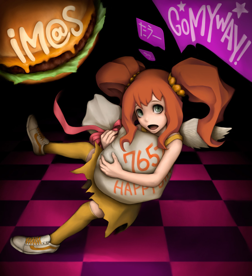 bad_id bad_pixiv_id bag burger checkered_floor female food genk green_eyes highres hug idolmaster idolmaster_(classic) kneehighs open_mouth orange_hair socks solo takatsuki_yayoi twintails