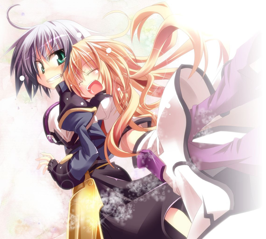 2girls blonde_hair blush closed_eyes commentary_request fingerless_gloves gloves green_eyes grey_hair hug hug_from_behind kazekawa_nagi long_hair long_sleeves looking_back lord_dearche lyrical_nanoha mahou_shoujo_lyrical_nanoha mahou_shoujo_lyrical_nanoha_a's mahou_shoujo_lyrical_nanoha_a's_portable:_the_battle_of_aces mahou_shoujo_lyrical_nanoha_a's_portable:_the_gears_of_destiny multiple_girls open_mouth puffy_sleeves short_hair yuri_eberwein