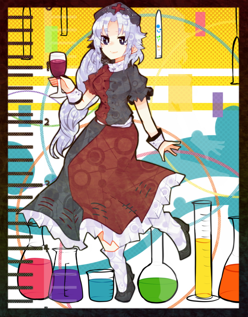 alcohol bad_id bad_pixiv_id beaker braid breasts chemistry female flask glass graduated_cylinder grey_hair hat highres itomugi-kun long_hair medium_breasts nurse_cap single_braid skirt smile solo touhou vial wine yagokoro_eirin