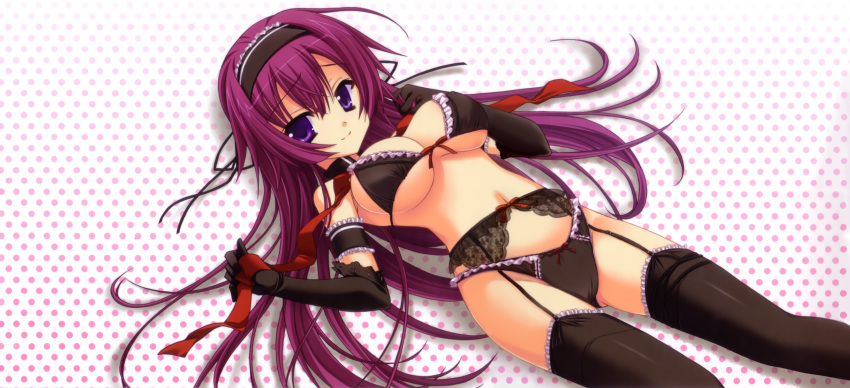 absurdres arisue_tsukasa blue_eyes bra breasts cleavage copyright_request elbow_gloves female garter_belt gloves headband highres lace lace-trimmed_bra lace-trimmed_legwear lace-trimmed_panties lace_trim large_breasts lingerie long_hair lying panties polka_dot polka_dot_background purple_hair ribbon solo thighhighs underwear underwear_only