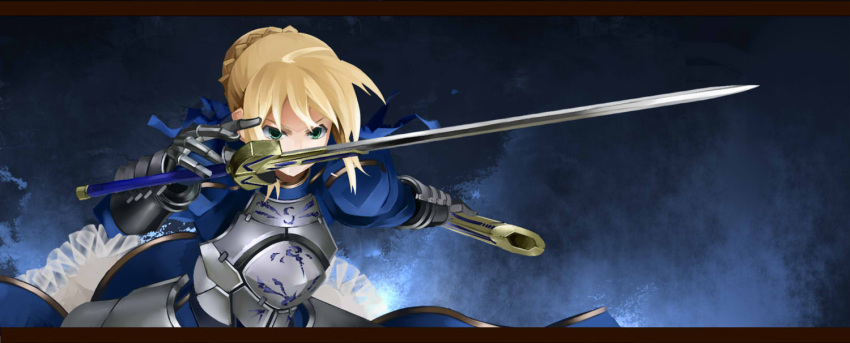 armor artoria_pendragon_(fate) bad_id bad_pixiv_id blonde_hair dress fate/zero fate_(series) female gauntlets green_eyes saber_(fate) shinoji_(shin_status) solo sweat sword weapon