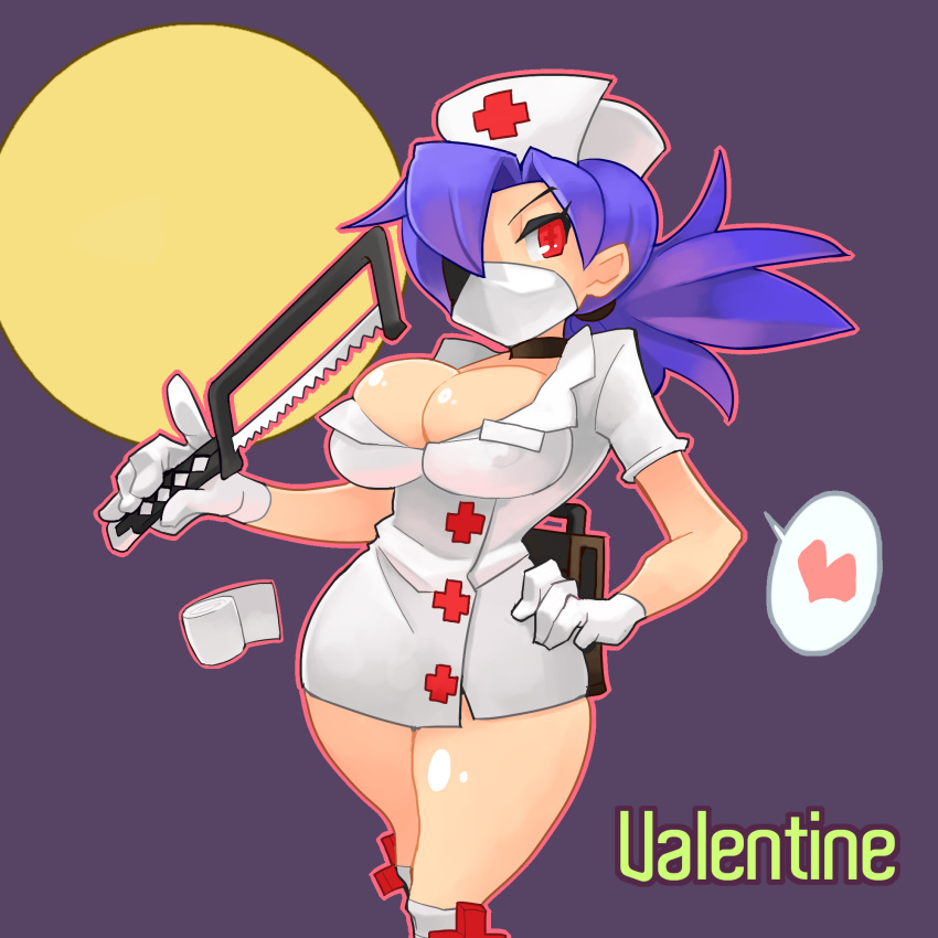 +_+ blue_hair breasts cleavage cross female fukumaaya gloves hacksaw hair_over_one_eye hat highres mask minidress ninja nurse nurse_cap nurse_outfit open_clothes open_shirt ponytail red_eyes saw seida shirt short_dress short_hair skullgirls solo symbol-shaped_pupils valentine valentine_(skullgirls) weapon