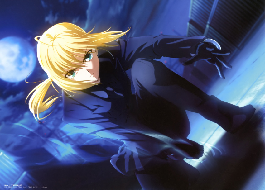 absurdres ahoge androgynous artoria_pendragon_(fate) blonde_hair dutch_angle excalibur_(fate/stay_night) fate/zero fate_(series) female formal gloves green_eyes highres invisible_air_(fate) long_hair necktie newtype nose_shade official_art on_one_knee pant_suit pants ponytail reverse_trap saber_(fate) scan serious solo sudou_tomonori suit sword weapon