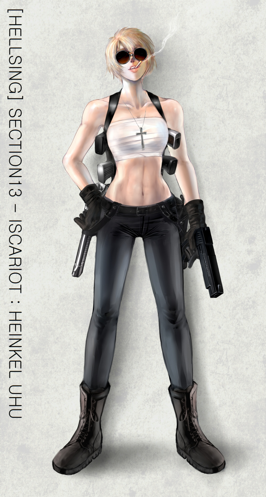 absurdres akubi_(fyfy) bad_id bad_pixiv_id blonde_hair boots cigarette collarbone female gloves gun hand_on_own_hip handgun heinkel_wolfe hellsing highres lips navel sarashi short_hair solo standing sunglasses weapon