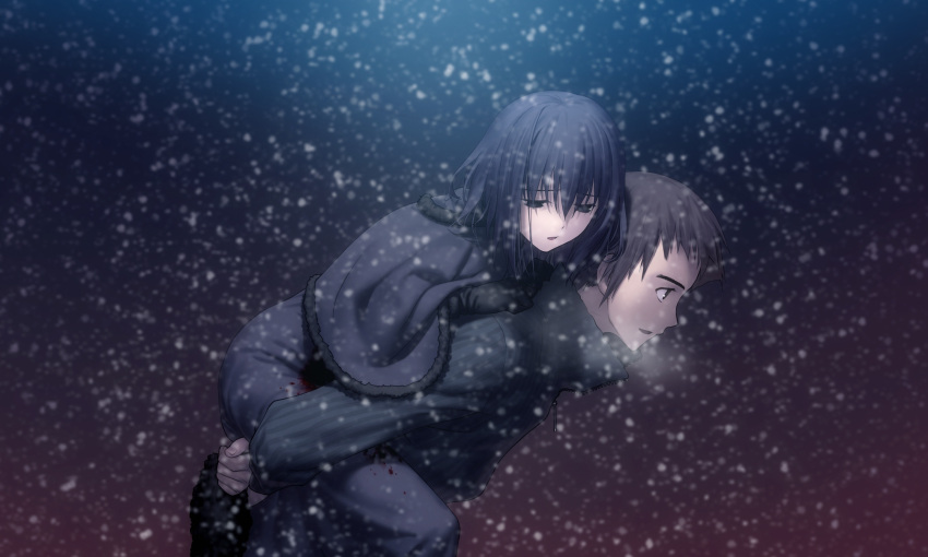 1boy black_eyes black_hair blood breath brown_hair carrying female game_cg highres koyama_hirokazu kuonji_alice mahou_tsukai_no_yoru piggyback shizuki_soujuurou short_hair snowing