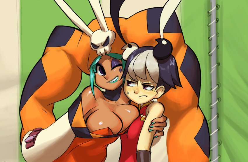 2girls alex_ahad angry annoyed aqua_hair asymmetrical_docking bare_shoulders black_hair breast_press breasts cartoonized cerebella_(skullgirls) china_dress chinese_clothes cleavage dark-skinned_female dark_skin dress eyeshadow facial_mark feng_(skullgirls) frown grin height_difference horns hug large_breasts lipstick living_clothes long_sleeves makeup multicolored_hair multiple_girls nail_polish official_art one_eye_closed purple_eyes skull skullgirls sleeveless smile sweatdrop toon_(style) two-tone_hair vice-versa_(skullgirls) white_hair wide_sleeves