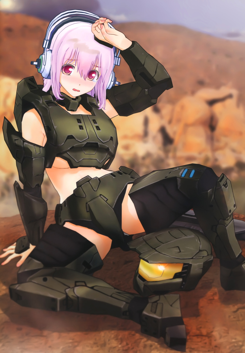 absurdres arm_support armor blush breasts cg cosplay female gun halo halo_(game) headphones helmet highres lavender_hair master_chief master_chief_(cosplay) nitroplus pink_eyes power_suit sitting solo sonico super_sonico tears thighhighs tsuji_santa underboob weapon