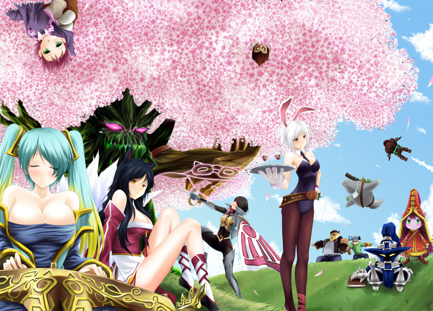 4boys 6+girls ahri_(league_of_legends) animal_ears annie_(league_of_legends) bare_shoulders battle_bunny_riven boots breasts cleavage colored_skin commentary_request corki everyone fiora_(league_of_legends) gragas league_of_legends long_hair lulu_(league_of_legends) makishima_rin maokai medium_breasts multiple_boys multiple_girls nautilus_(league_of_legends) olaf_(league_of_legends) pantyhose photoshop_(medium) playboy_bunny purple_hair purple_skin rabbit_ears riven_(league_of_legends) small_breasts sona_(league_of_legends) teemo thigh_boots thighhighs tree urf veigar wukong_(league_of_legends) yordle