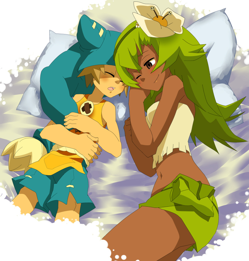 1boy absurdres amalia_sheran_sharm bad_id bad_pixiv_id blush dark-skinned_female dark_skin female flower green_hair hat highres long_hair lying midriff miniskirt plant sadida skirt sleeping wakfu wanaca yugo_(wakfu)