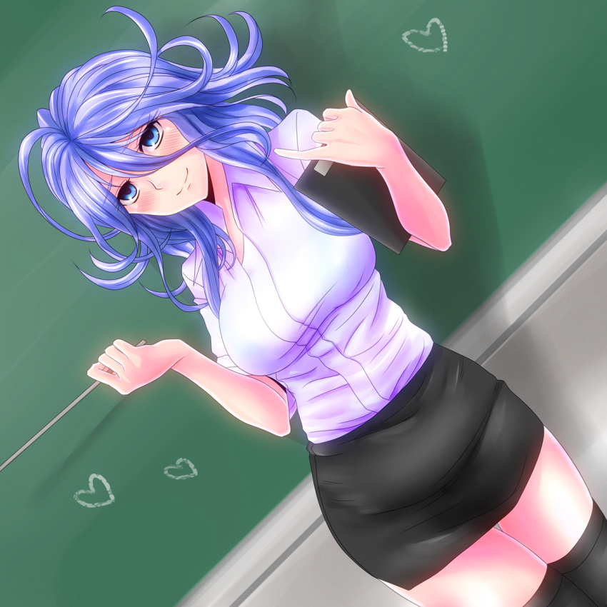 alternate_costume black_legwear blue_eyes blue_hair blush chalkboard clipboard commentary_request dutch_angle female heart highres long_hair miniskirt pencil_skirt photoshop_(medium) pinky_out pointer shiony_regis shirt skirt smile super_robot_wars super_robot_wars_z super_robot_wars_z2 taut_clothes taut_shirt teacher thigh_gap thighhighs watarui zettai_ryouiki