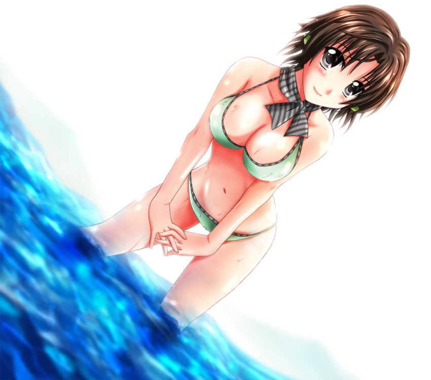 ascot bikini black_eyes breasts brown_hair cleavage commentary_request dutch_angle female large_breasts leaning_forward light_smile masaki_nonoka navel otoki_raku photokano scarf shiny_skin swimsuit wading water