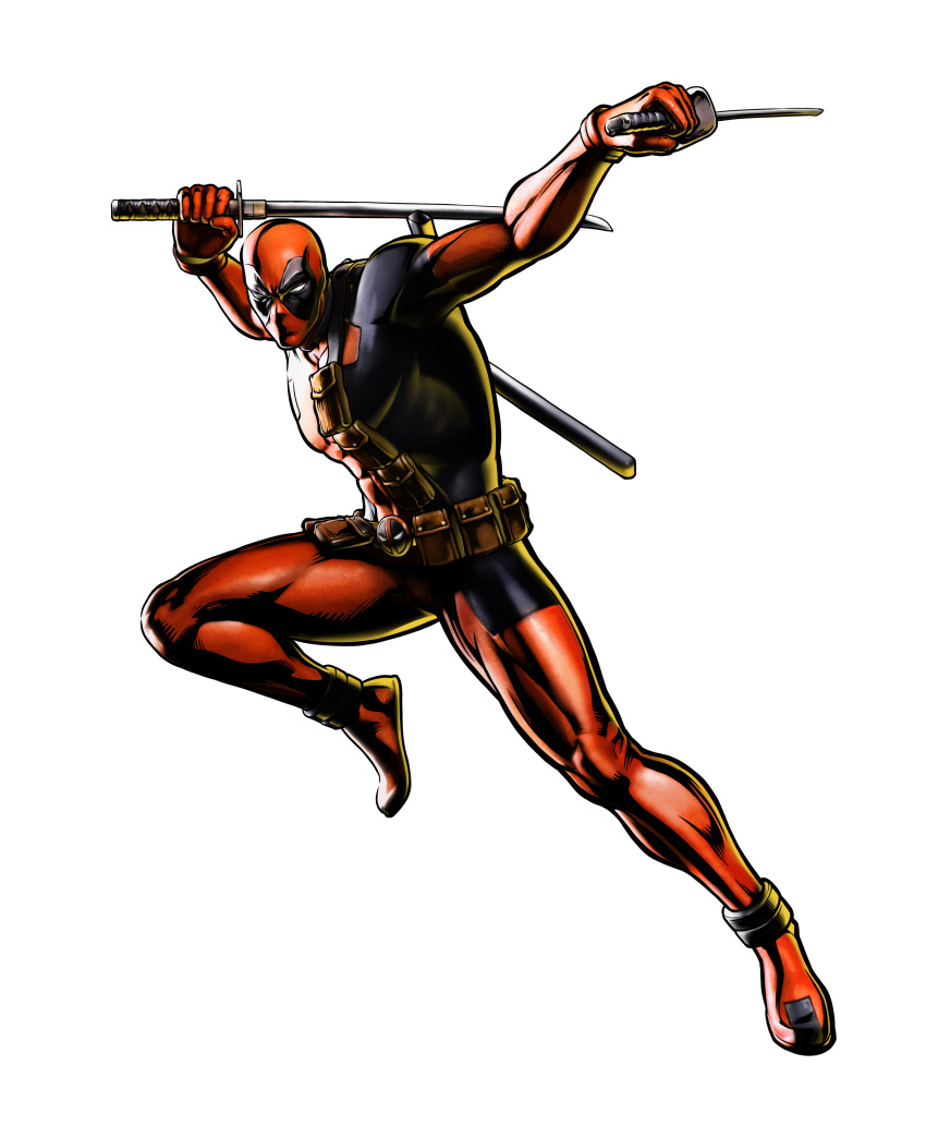 1boy absurdres capcom deadpool gun highres imi_uzi katana male male_focus marvel marvel_vs._capcom marvel_vs_capcom mori_toshiaki muscle official_art shinkiro solo squatting submachine_gun sword uzi weapon