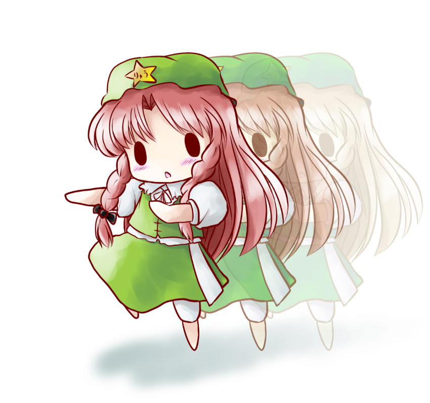 afterimage braid chibi commentary_request female hat hong_meiling long_hair parody photoshop_(medium) red_hair shun_goku_satsu simple_background solid_circle_eyes solo street_fighter street_fighter_ii_(series) touhou twin_braids white_background yume_shokunin