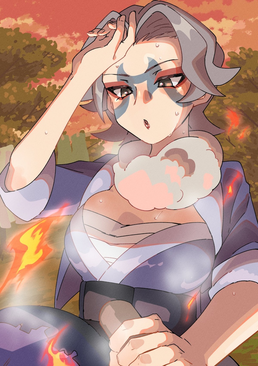 :o arm_up belt belt_buckle breasts brown_eyes buckle charm_(pokemon) chest_sarashi cloud commentary_request eyeshadow facial_mark female fire fur_collar grey_hair highres holding hot jacket kono2noko looking_down makeup medium_hair outdoors pokemon pokemon_legends:_arceus red_eyeshadow sarashi sky solo sweat